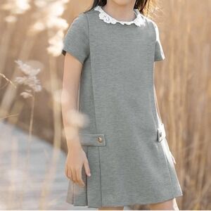 Tartine et Chocolat Girls Grey Houndstooth Lace Collar Dress Size 4A